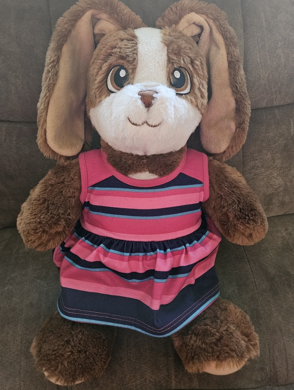 Build-A-Bear Plush Bunny Brown with Pink And Blue Striped Dress Cocoa Cream